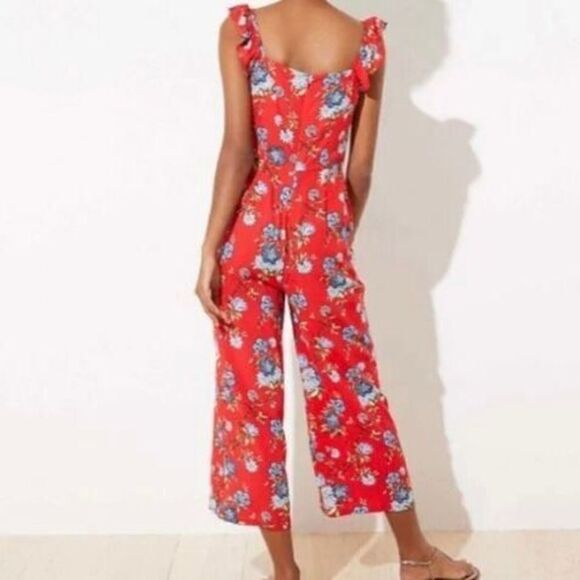 Loft Red Floral Tie Front Jumpsuit - Picture 2 of 10